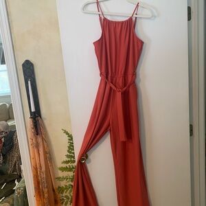 Bishop + Young Orange Jumpsuit with Spaghetti Straps and Tie Waist